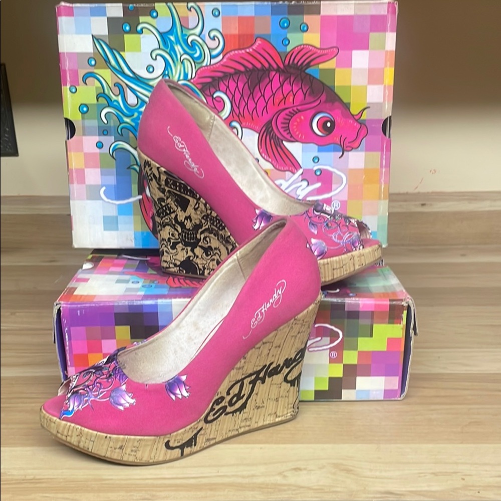Ed Hardy Pink Wedge Heels